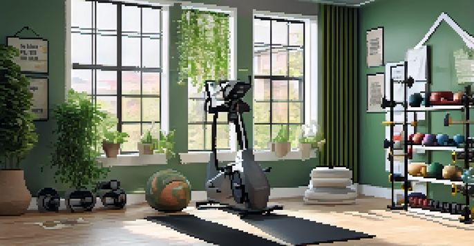 A well-lit home gym with weights, resistance bands, and a yoga mat surrounded by green plants and motivational quotes.
