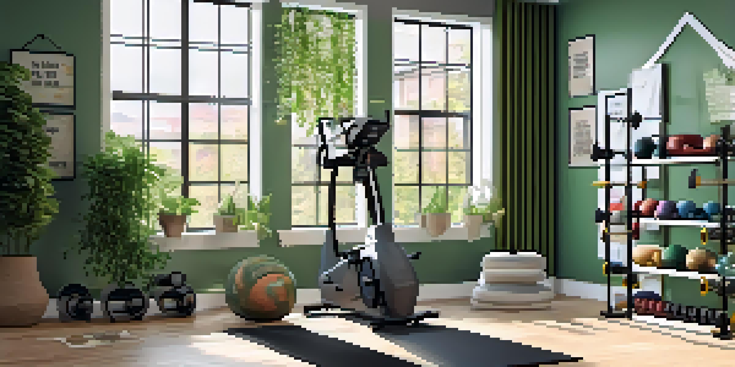 A well-lit home gym with weights, resistance bands, and a yoga mat surrounded by green plants and motivational quotes.