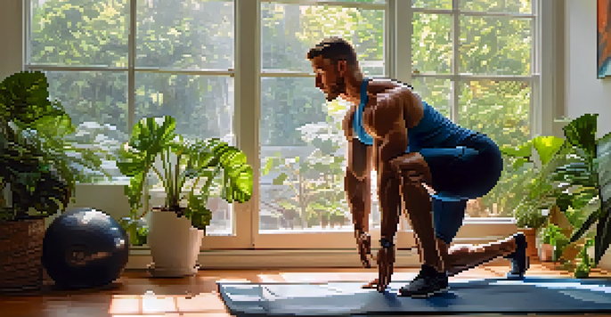 A bodybuilder gently stretching in a bright home gym, with natural light and plants in the background.
