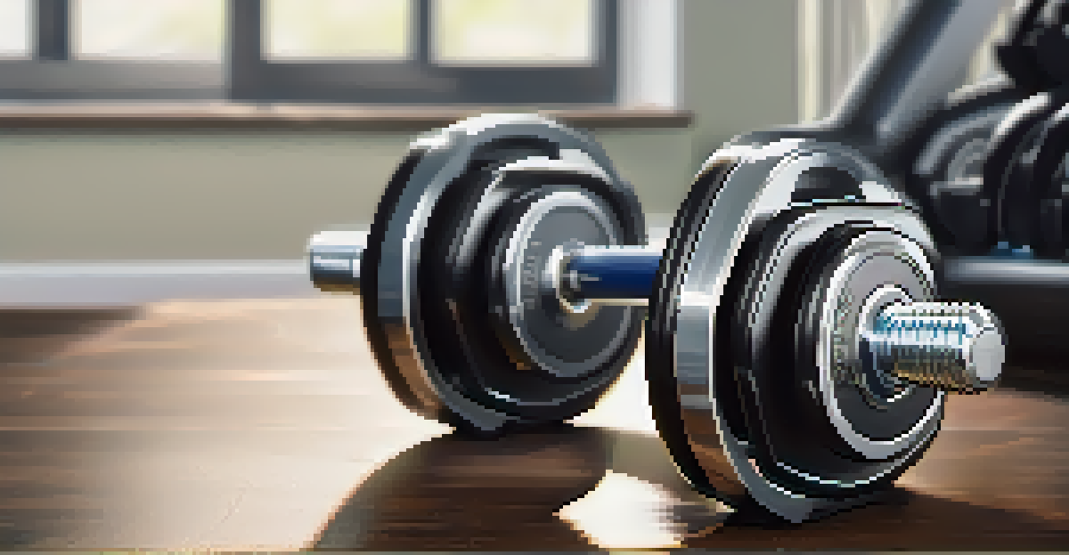 A close-up of adjustable dumbbells on a workout bench, showcasing their texture and details with soft sunlight casting shadows.