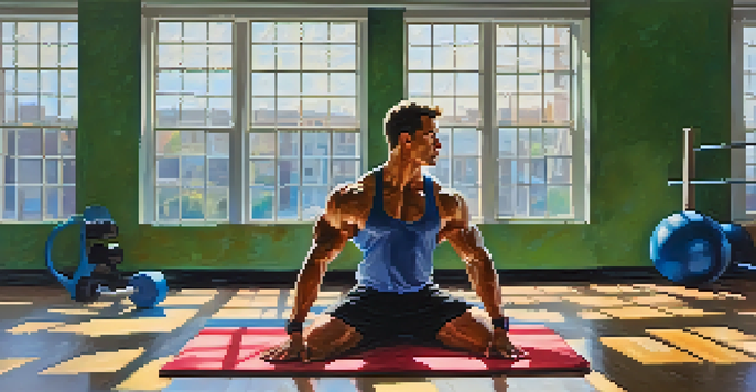 A bodybuilder in a gym setting executing dynamic stretches, with colorful mats and bright natural light, highlighting the motion and energy.