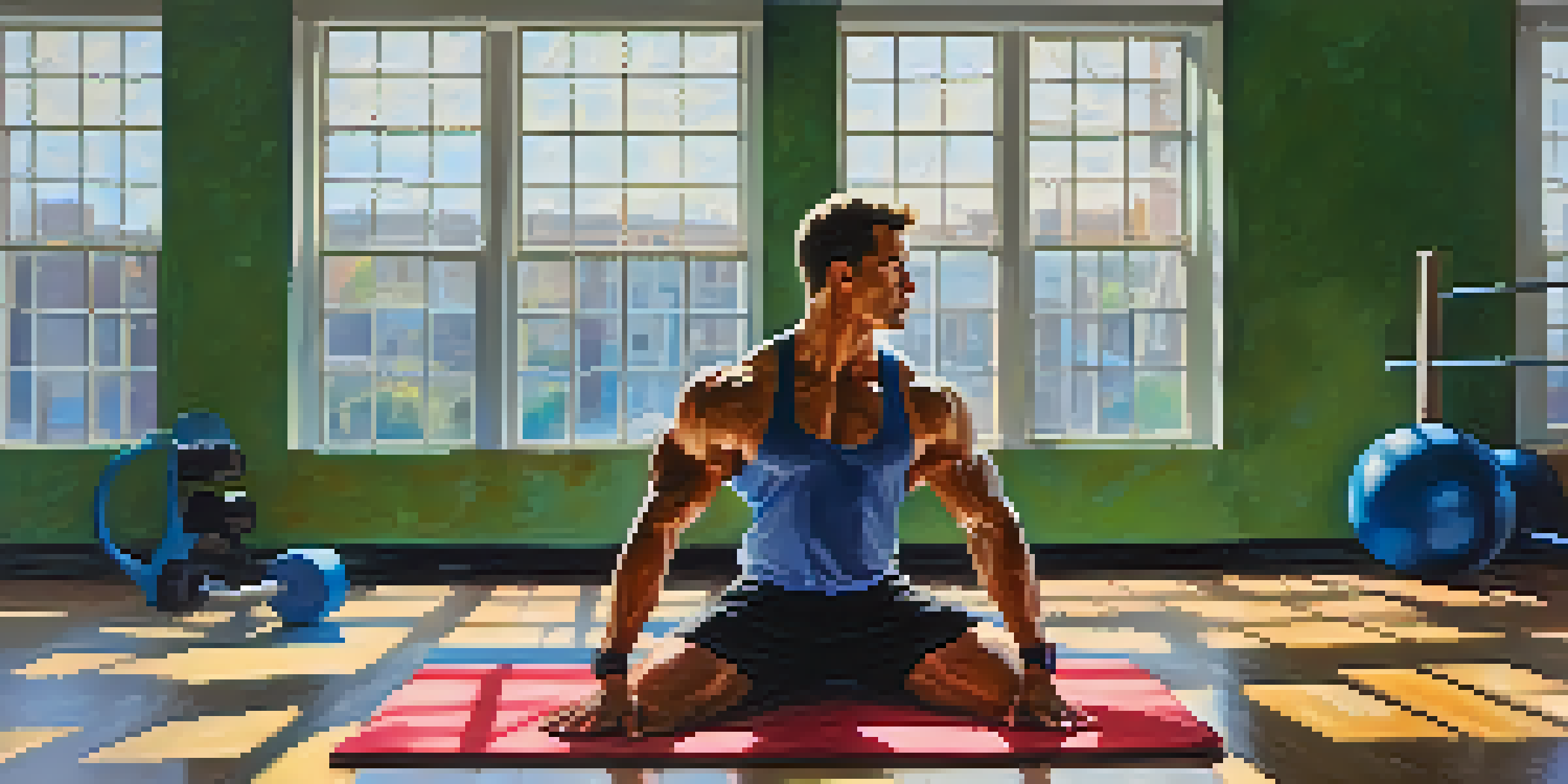 A bodybuilder in a gym setting executing dynamic stretches, with colorful mats and bright natural light, highlighting the motion and energy.