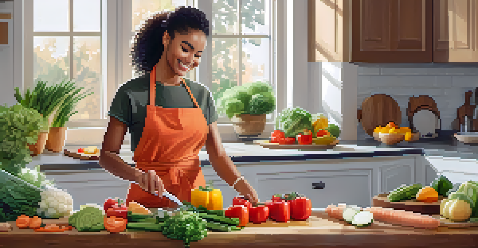 A fitness influencer in a kitchen preparing a healthy meal with fresh vegetables.