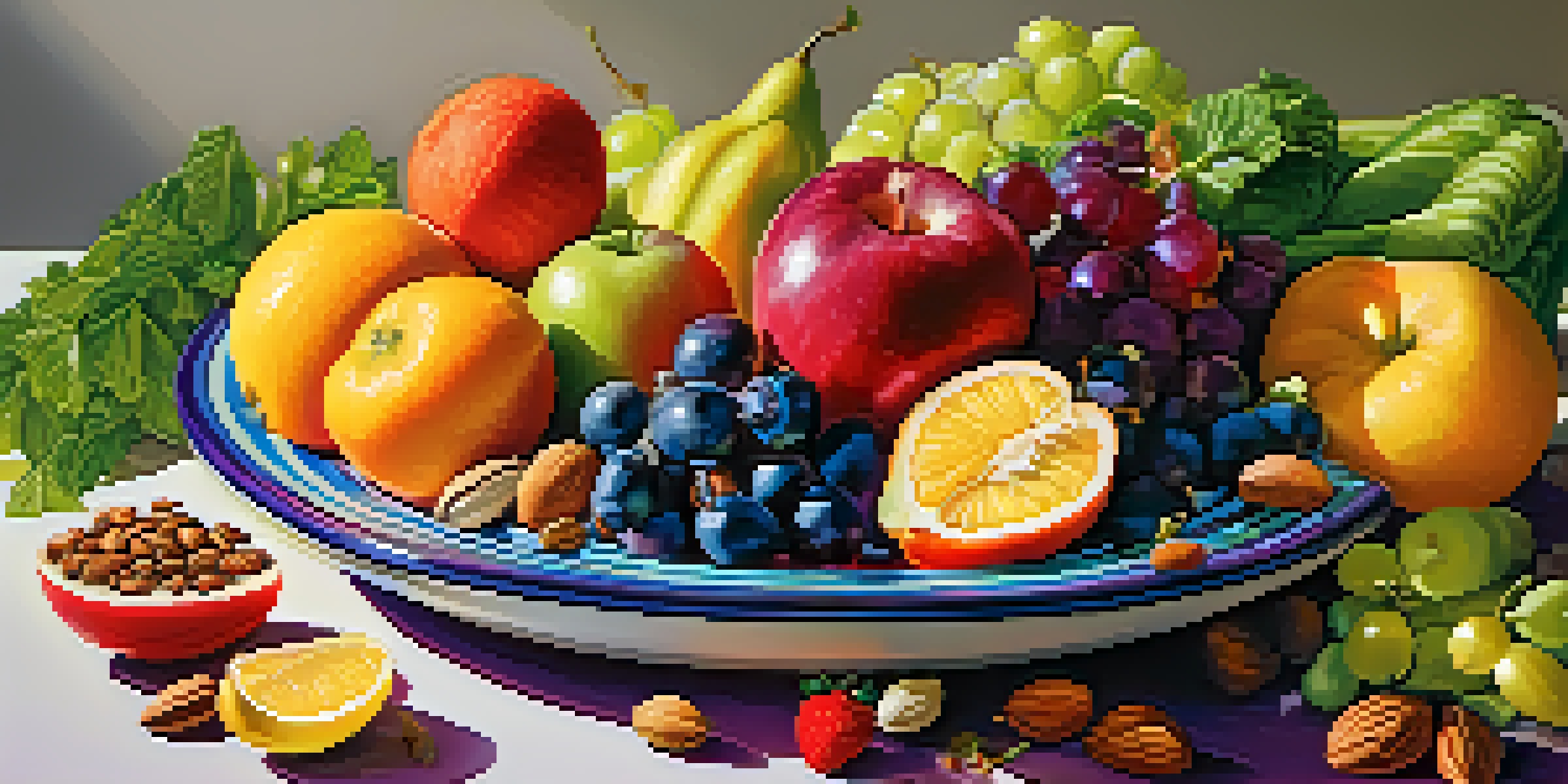 A colorful plate filled with various fruits, vegetables, nuts, and seeds, showcasing diversity in micronutrients under bright natural lighting.