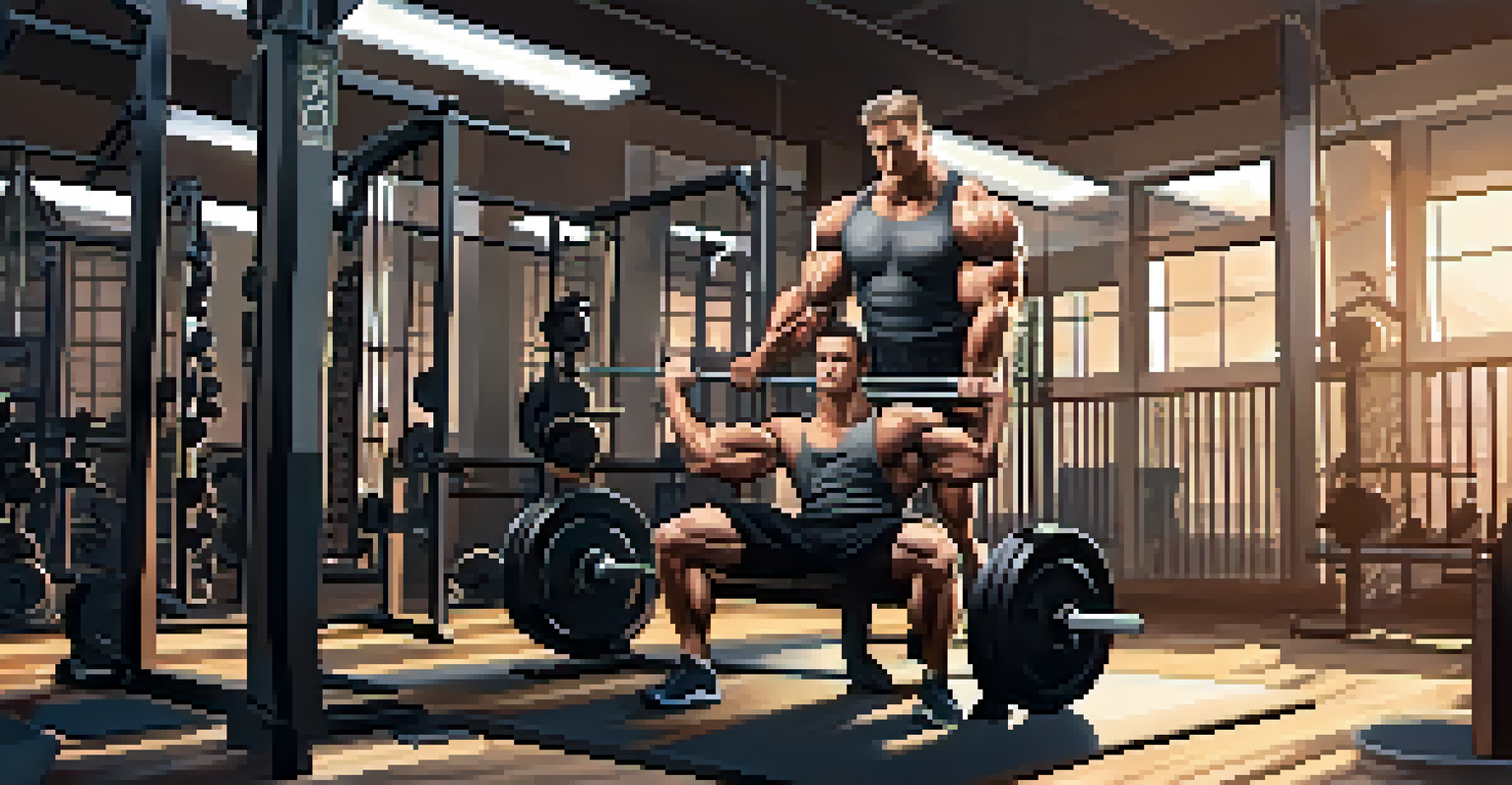 A bodybuilder lifting weights with an open training log on a bench beside them, set in a vibrant gym environment.