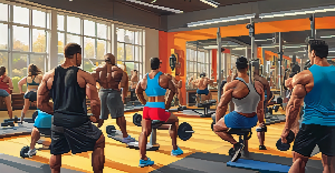 A diverse group of bodybuilders supporting each other in a modern gym with bright lighting.