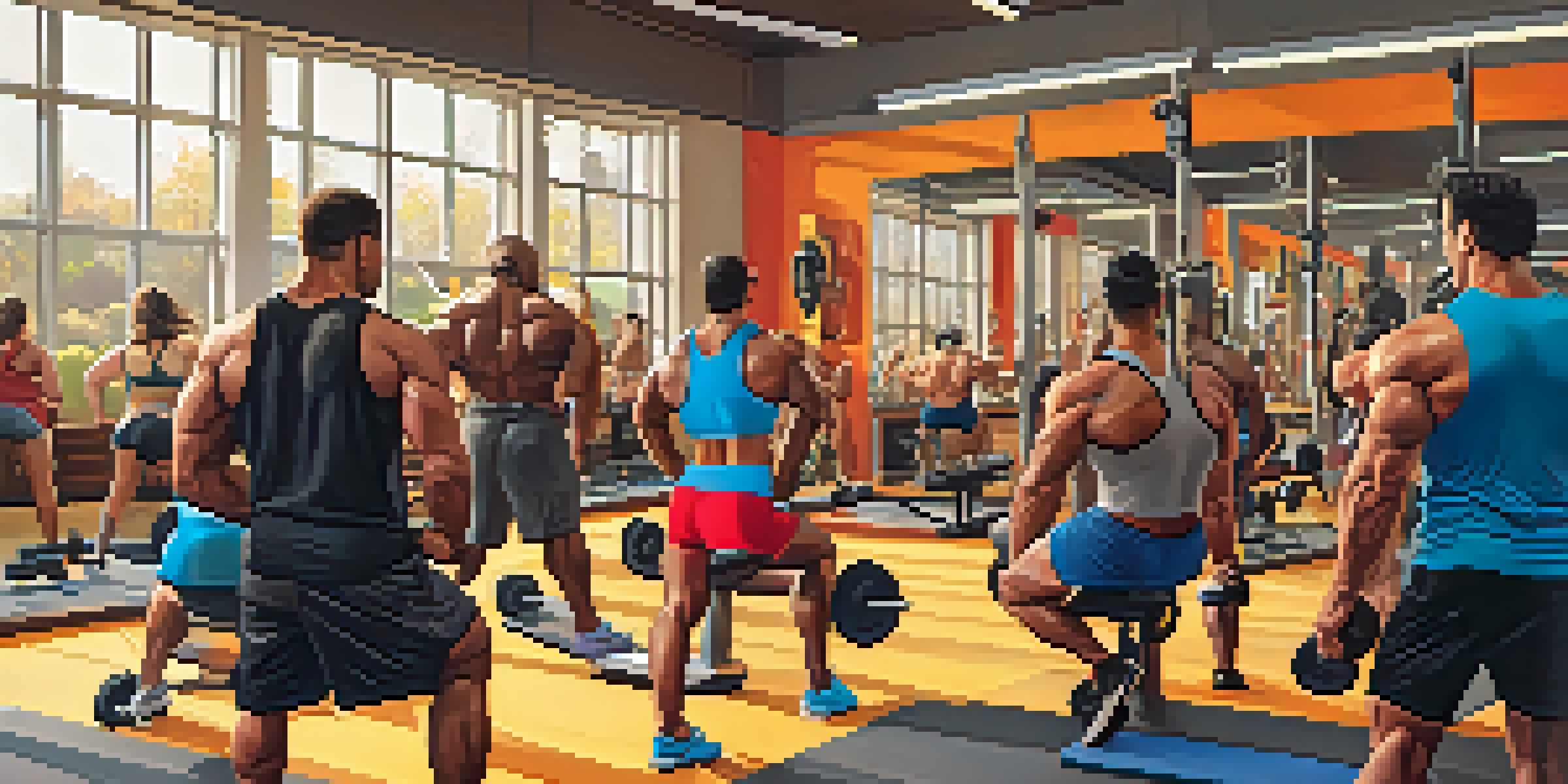 A diverse group of bodybuilders supporting each other in a modern gym with bright lighting.