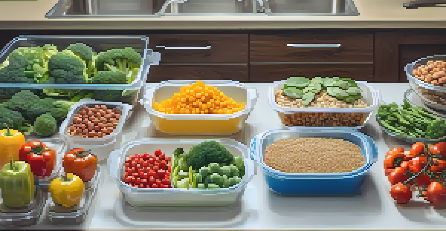A close-up view of a meal prep station with colorful, healthy foods arranged in meal containers.