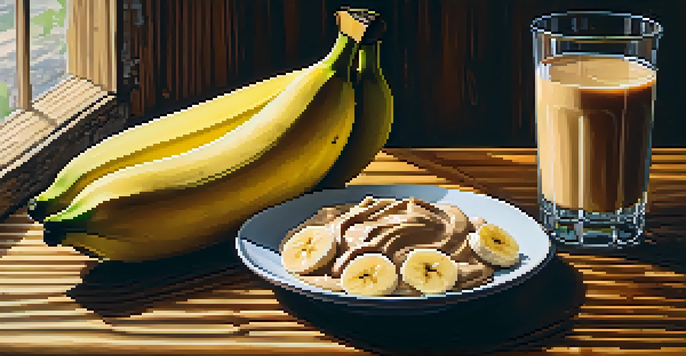 A banana with peanut butter on a wooden table, illuminated by natural sunlight.