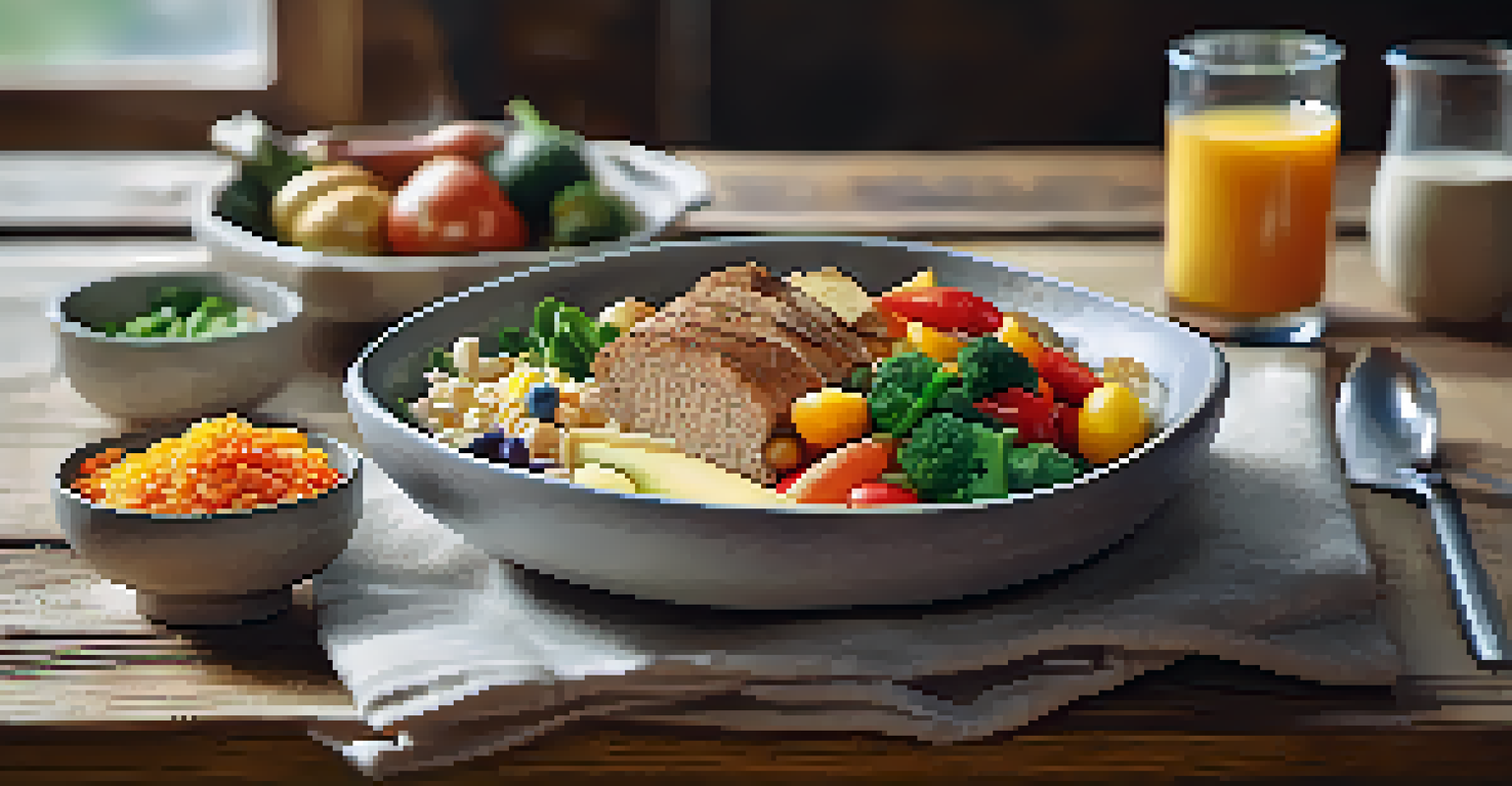 A close-up of a balanced meal featuring colorful vegetables, lean protein, and whole grains on a rustic wooden table.