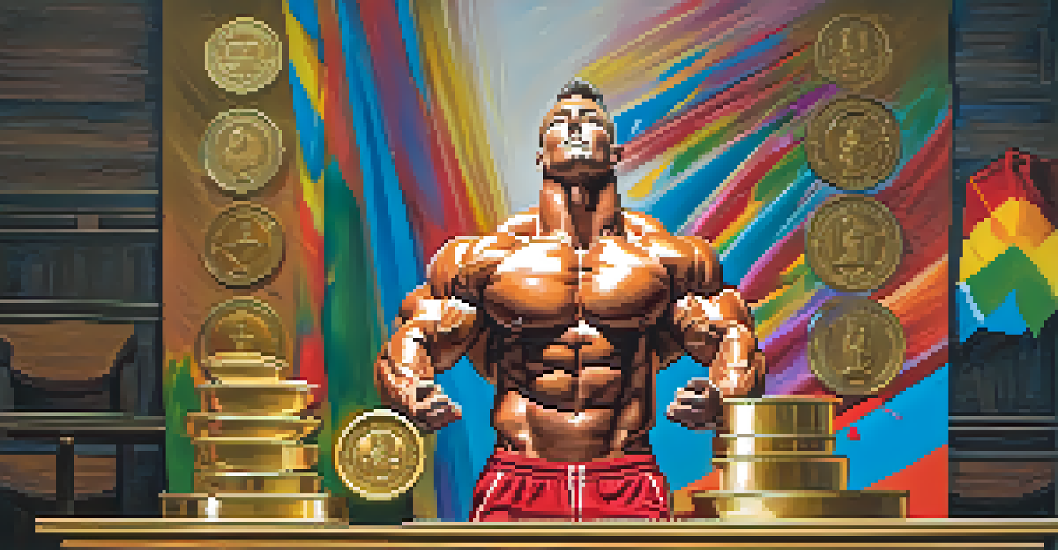 A bodybuilder visualizing success on a podium with a gold medal, surrounded by a bright gym atmosphere filled with motivational posters.