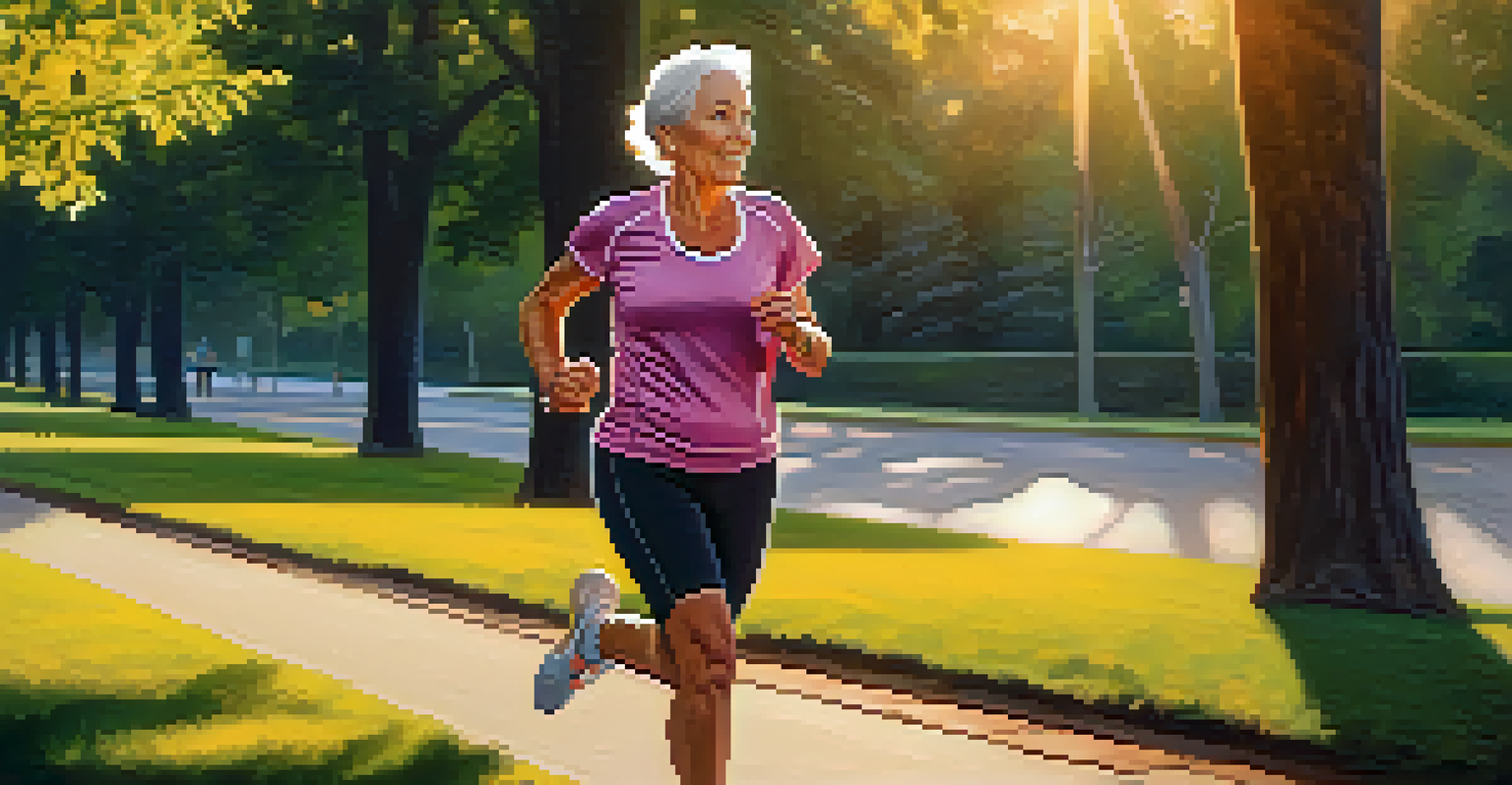 An older woman jogs in a park during sunset, radiating determination and health.
