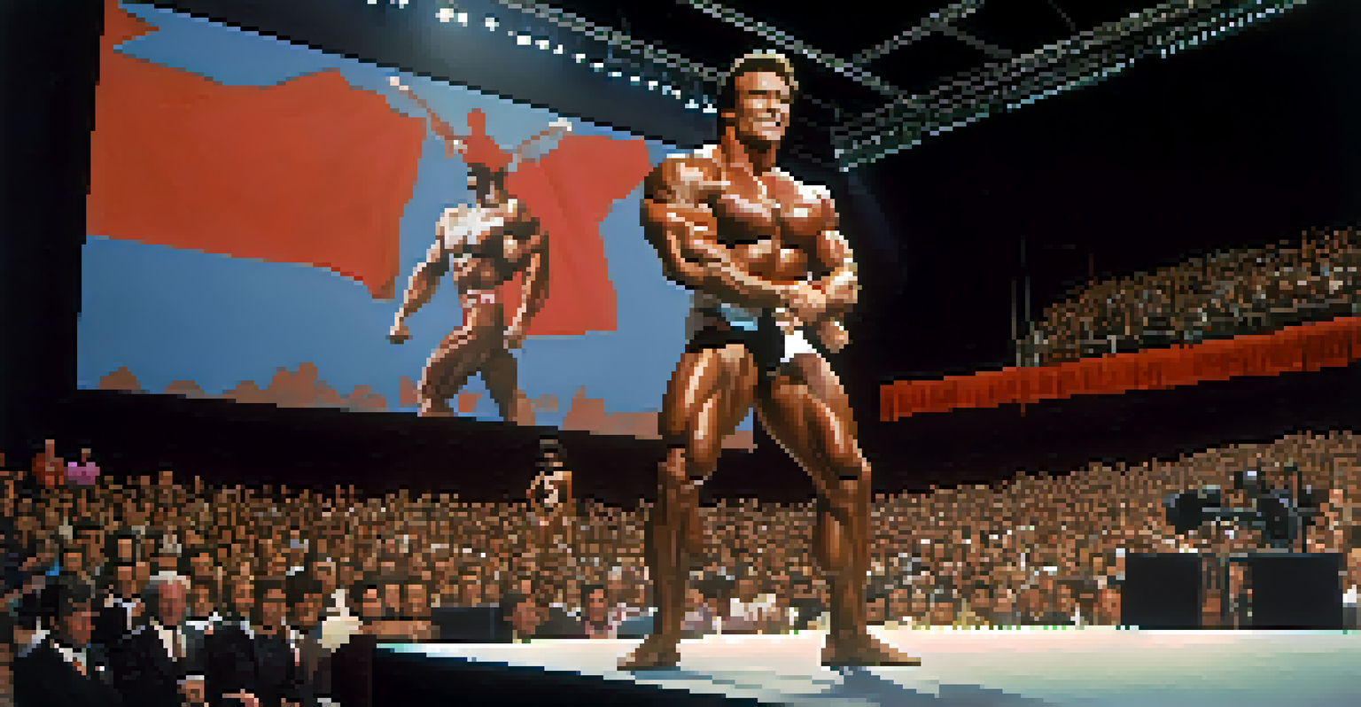 Arnold Schwarzenegger striking a pose on stage at the Mr. Olympia competition in the 1970s, illuminated by dramatic lighting.