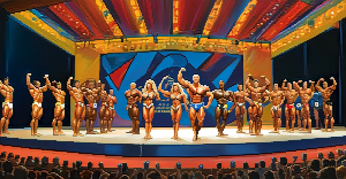 A scene from a natural bodybuilding competition with diverse athletes posing on stage under bright lights, while an engaged audience watches.