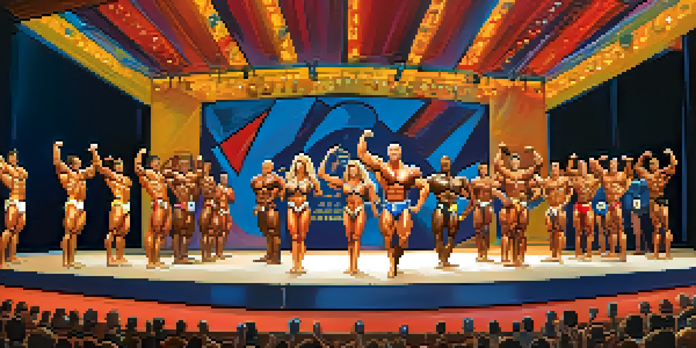 A scene from a natural bodybuilding competition with diverse athletes posing on stage under bright lights, while an engaged audience watches.