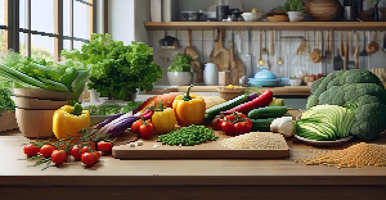 A close-up of a healthy meal prep with colorful vegetables and proteins on a wooden table, highlighting fresh ingredients.