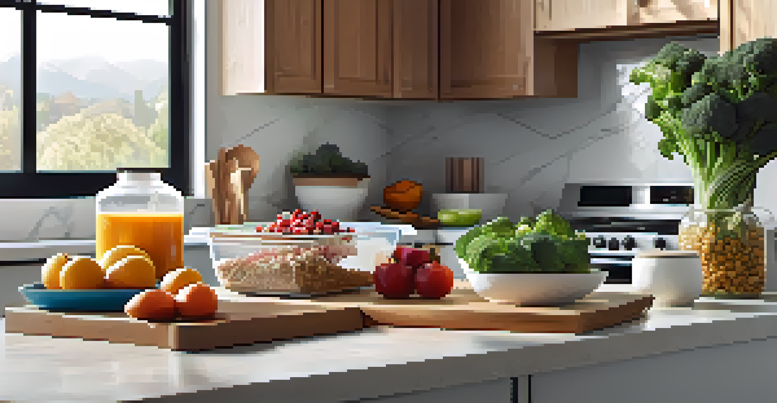 A modern kitchen with meal prep containers filled with healthy foods, emphasizing nutrition and organization.
