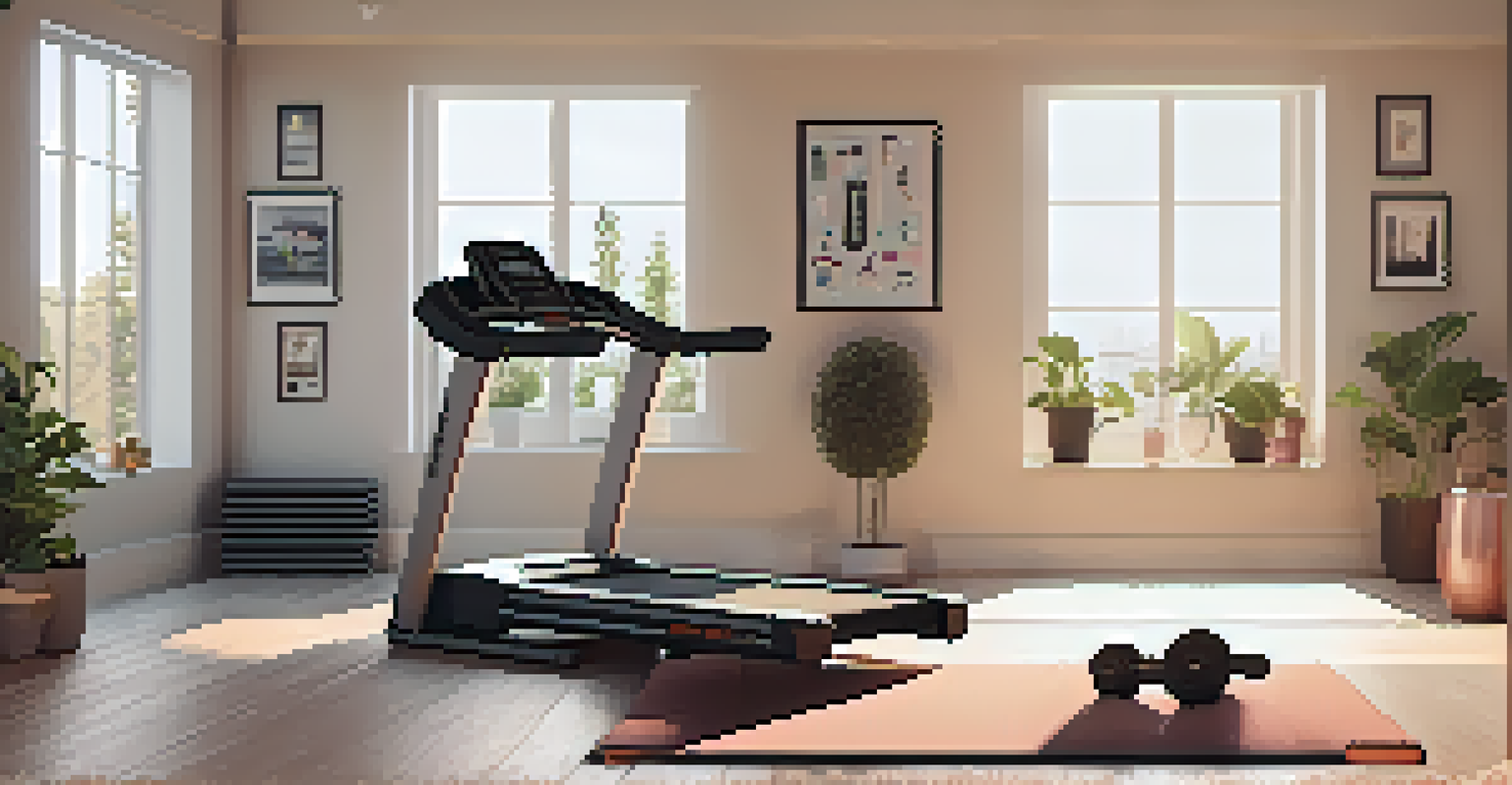 A cozy home gym with advanced fitness equipment, warm lighting, and motivational posters on the walls.
