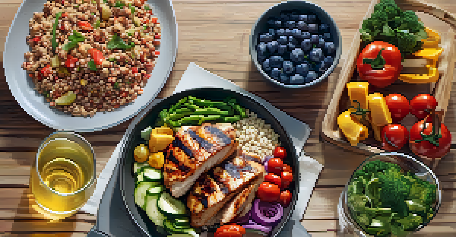 A close-up of a healthy meal prep featuring grilled chicken, quinoa, and colorful vegetables on a wooden table.