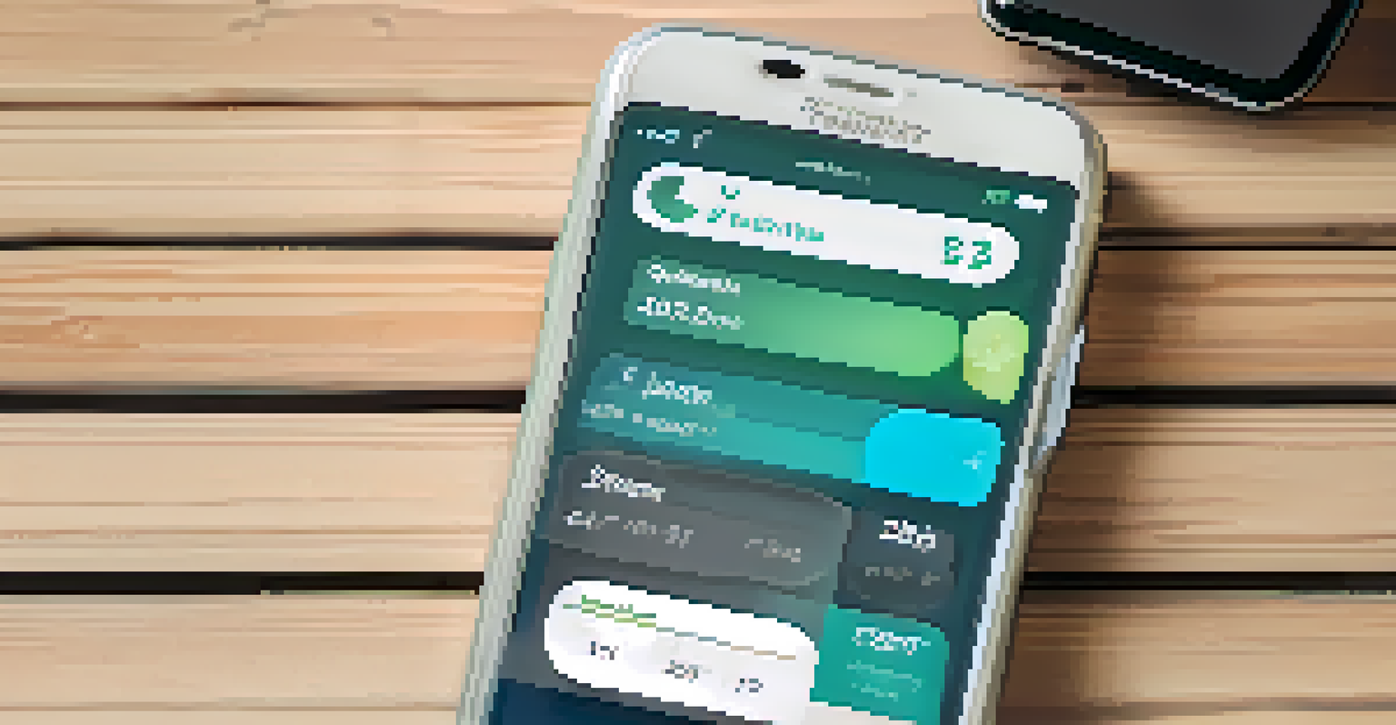 A smartphone displaying fitness apps on a wooden table, with a fitness tracker and water bottle nearby, creating a warm and inviting atmosphere.