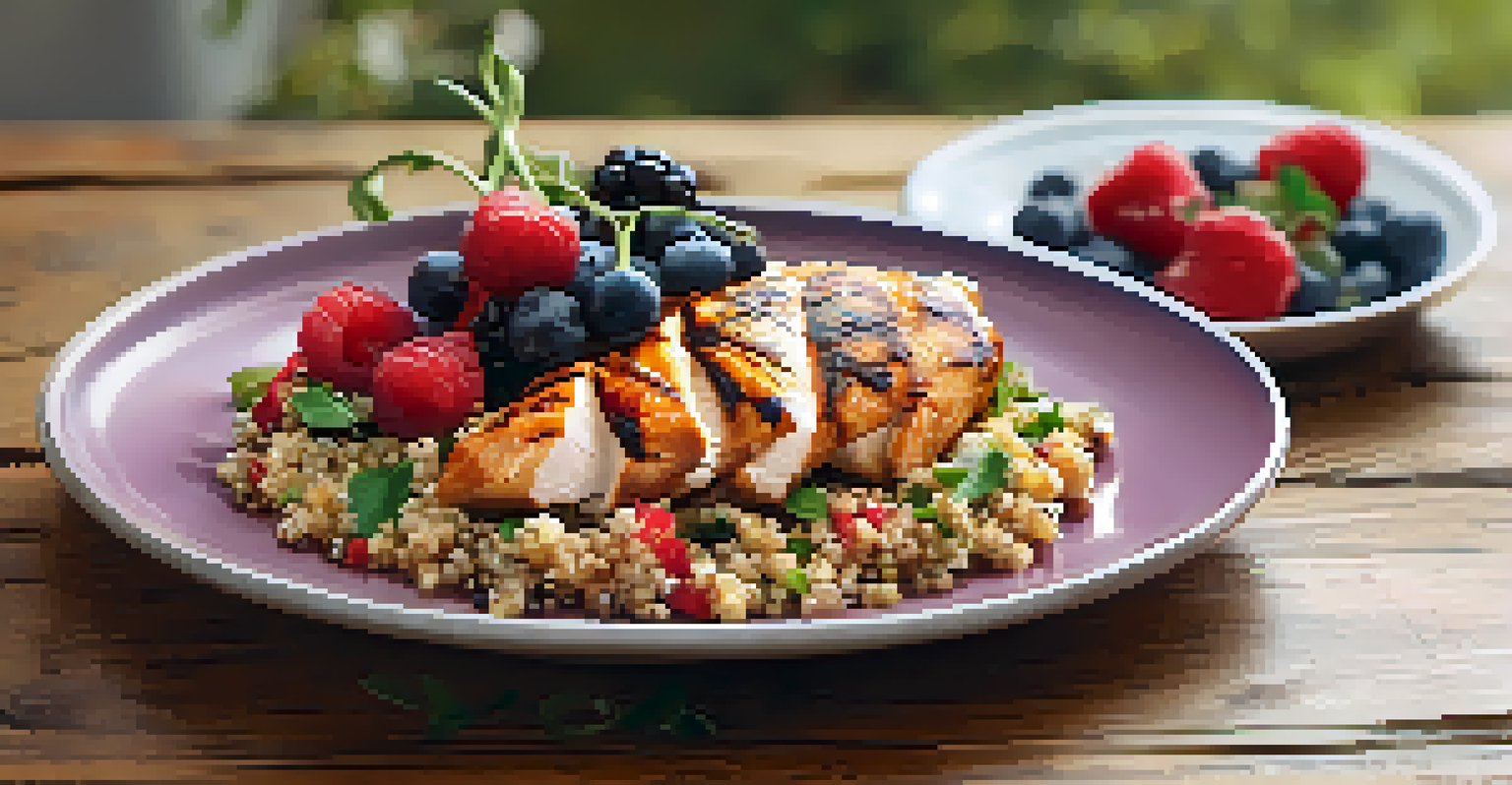 A healthy post-workout meal with grilled chicken, quinoa, and fresh vegetables on a wooden table.