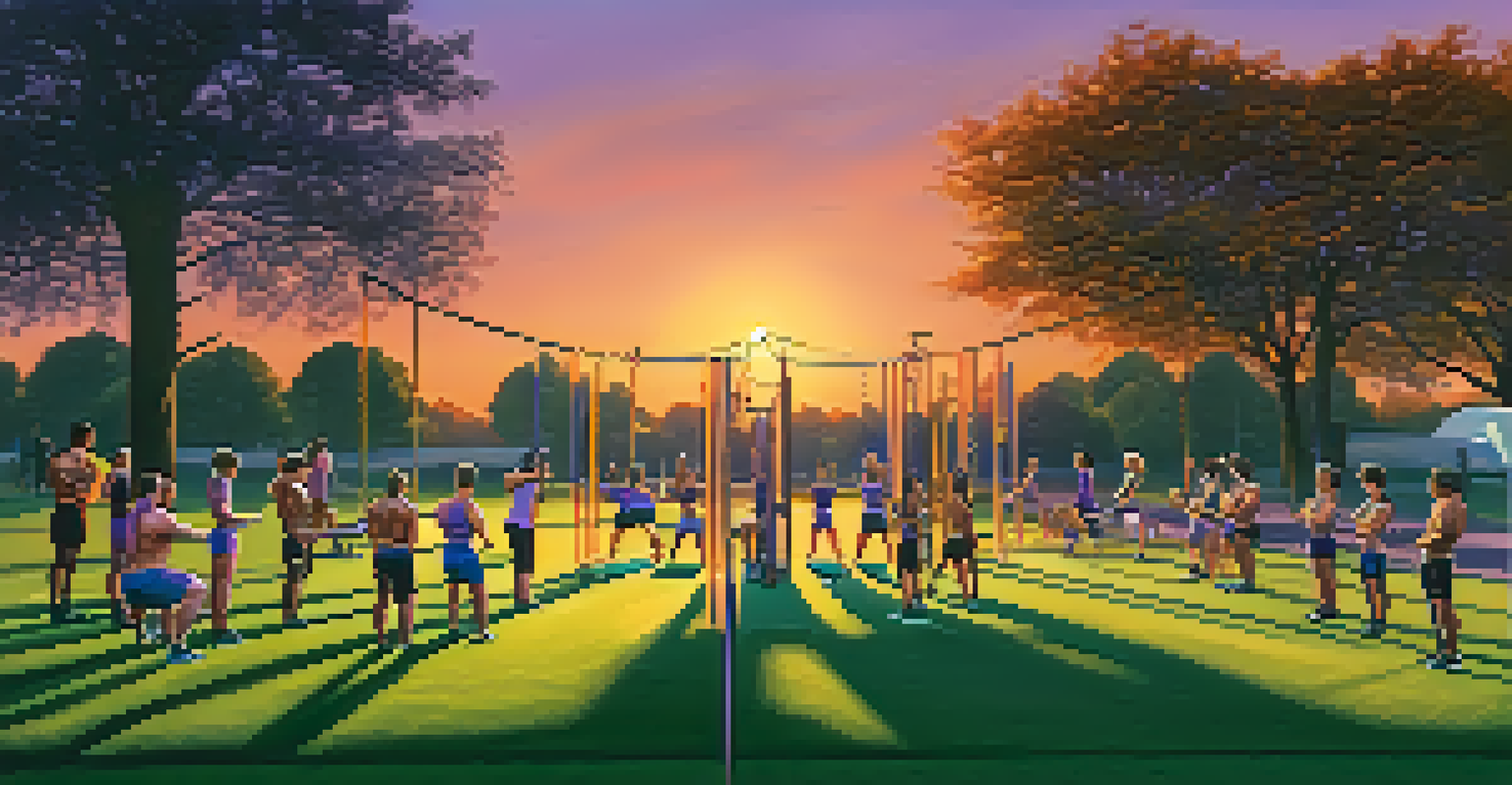 Individuals exercising outdoors at sunset in a park, performing strength exercises with resistance bands against a colorful sky.