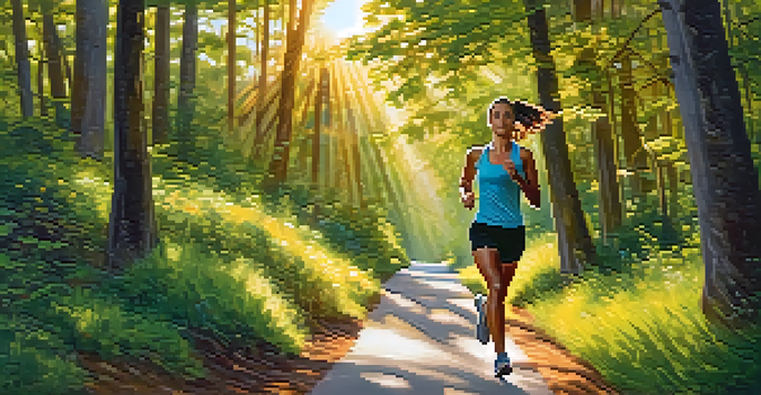 A person jogging on a sunlit path in a lush green park, showcasing the joy of cardiovascular exercise.