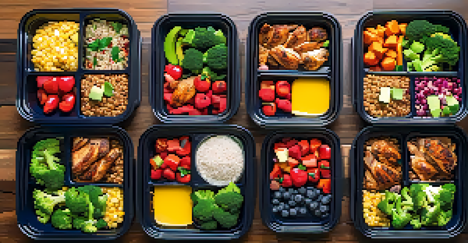 An overhead view of a meal prep setup with containers filled with healthy foods like chicken, broccoli, and fruits on a wooden table.