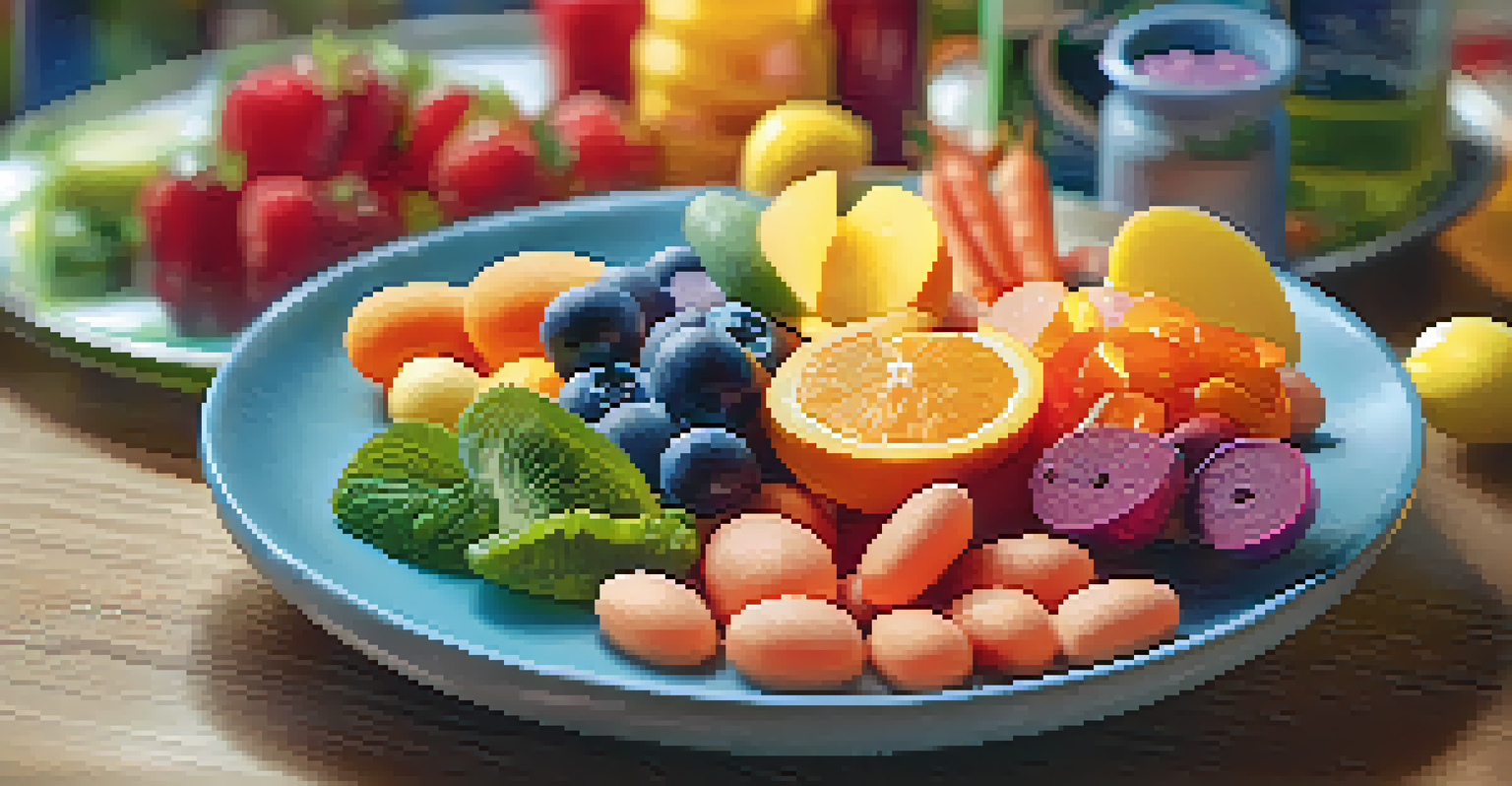 A close-up of a hand holding a multivitamin tablet above a plate of colorful healthy foods, with a softly blurred background.