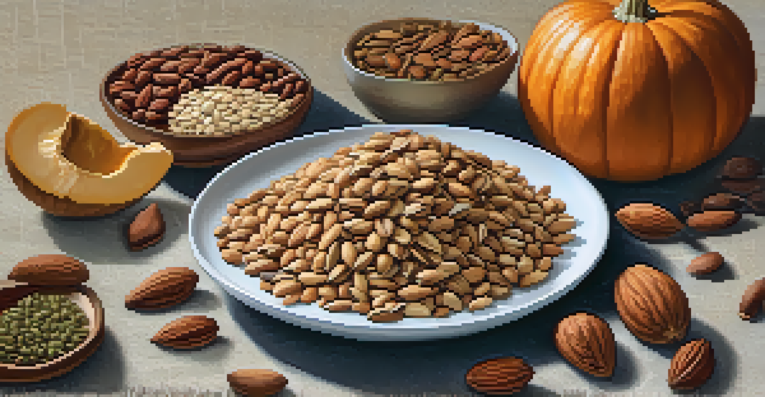 An assortment of nuts and seeds arranged on a platter, with soft lighting and a textured cloth backdrop.