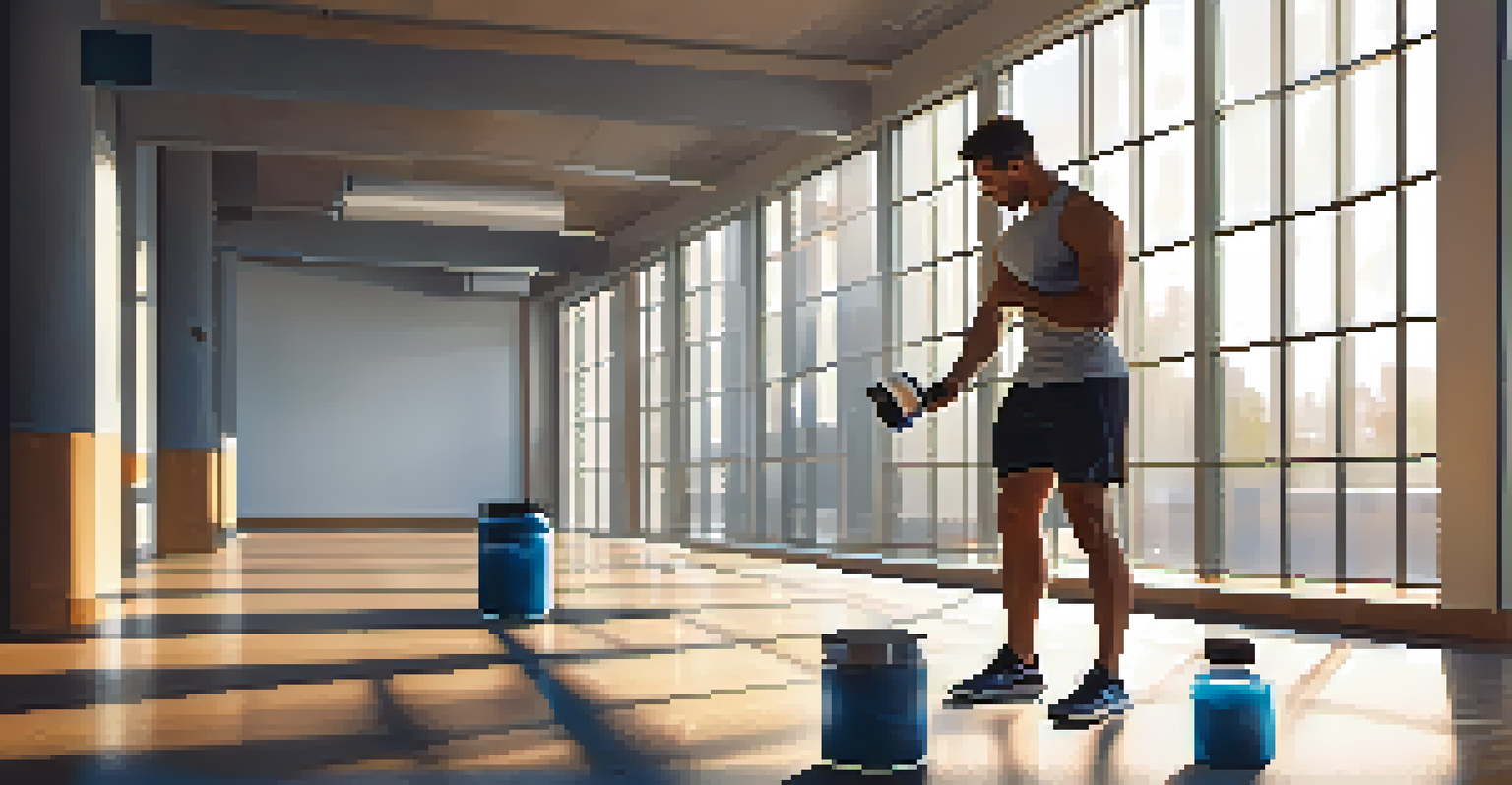 An athlete in a modern gym is holding a scoop of pre-workout powder, reading the supplement label.