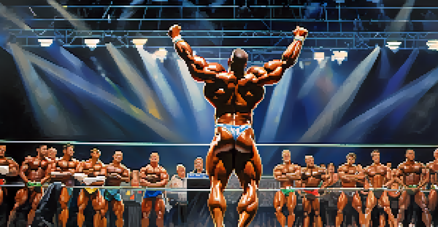 A bodybuilder posing competitively on stage, with an enthusiastic audience and trophies in the background.