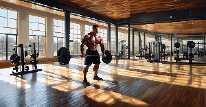 A bodybuilder lifting weights in a bright gym, emphasizing their muscles and focus on exercise.
