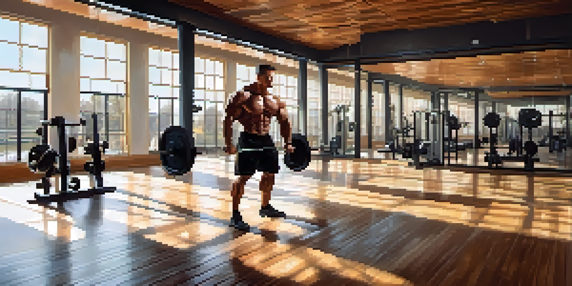 A bodybuilder lifting weights in a bright gym, emphasizing their muscles and focus on exercise.