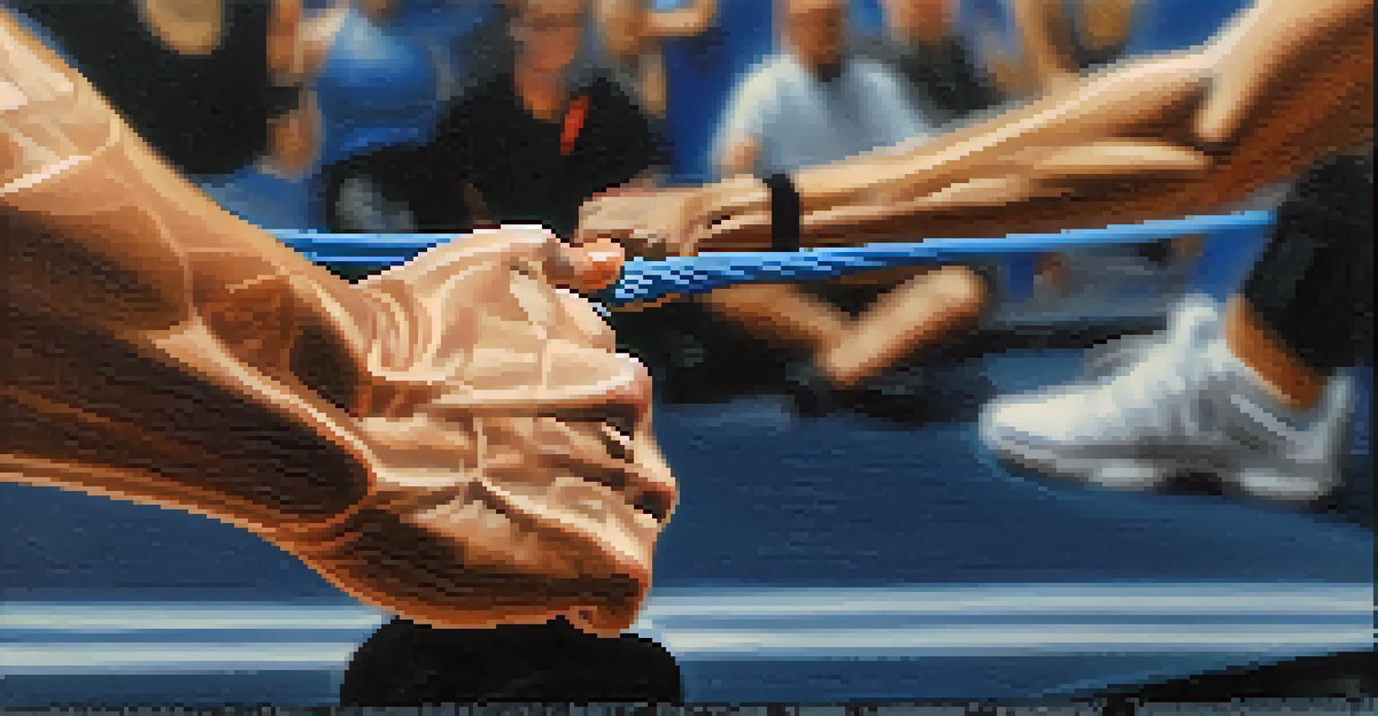 Close-up of hands gripping a resistance band, highlighting strength training.