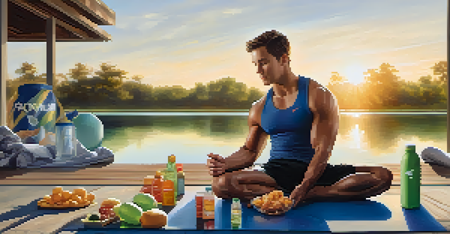 An athlete stretching outdoors at sunrise, with water bottles and healthy snacks around, symbolizing personalized fitness and nutrition.