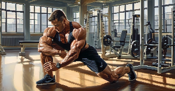 A bodybuilder engaged in dynamic stretching, emphasizing strength and focus in a bright gym environment.