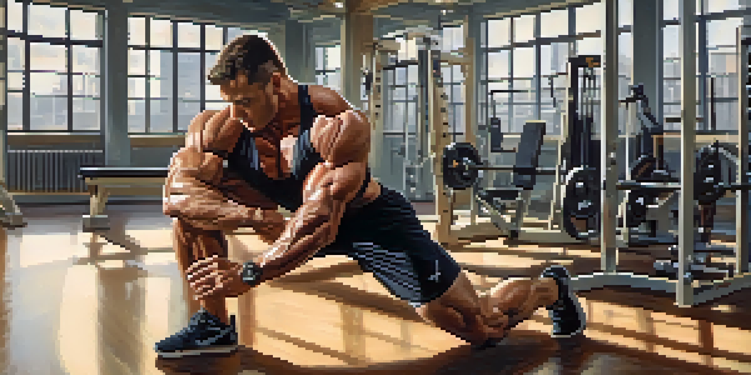 A bodybuilder engaged in dynamic stretching, emphasizing strength and focus in a bright gym environment.