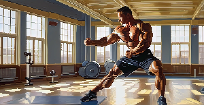 A bodybuilder in a gym, performing a leg swing stretch, surrounded by exercise equipment and sunlight.