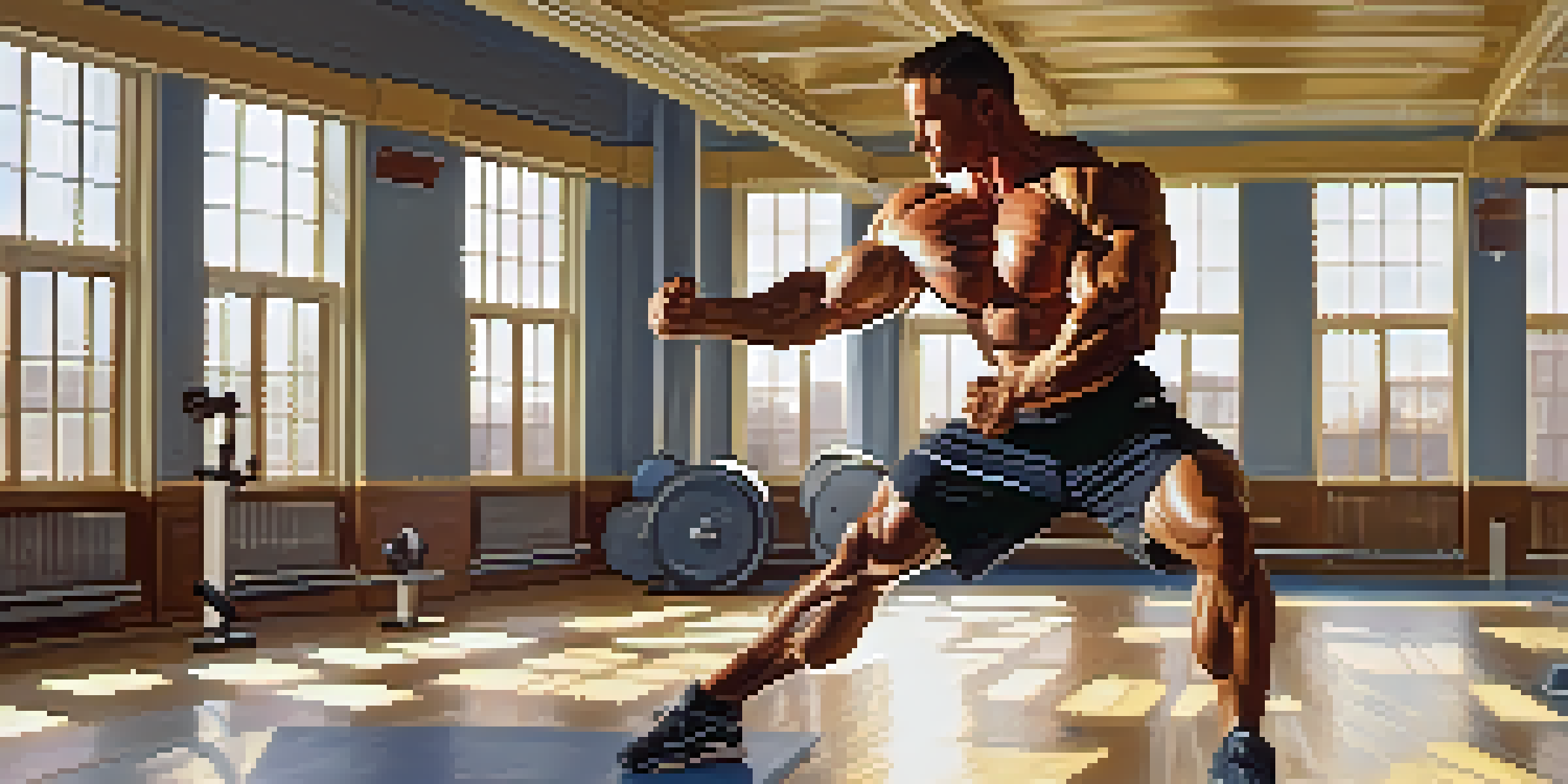 A bodybuilder in a gym, performing a leg swing stretch, surrounded by exercise equipment and sunlight.