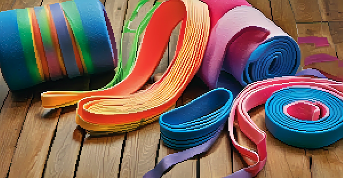 A close-up of a foam roller and colorful resistance bands on a wooden floor.