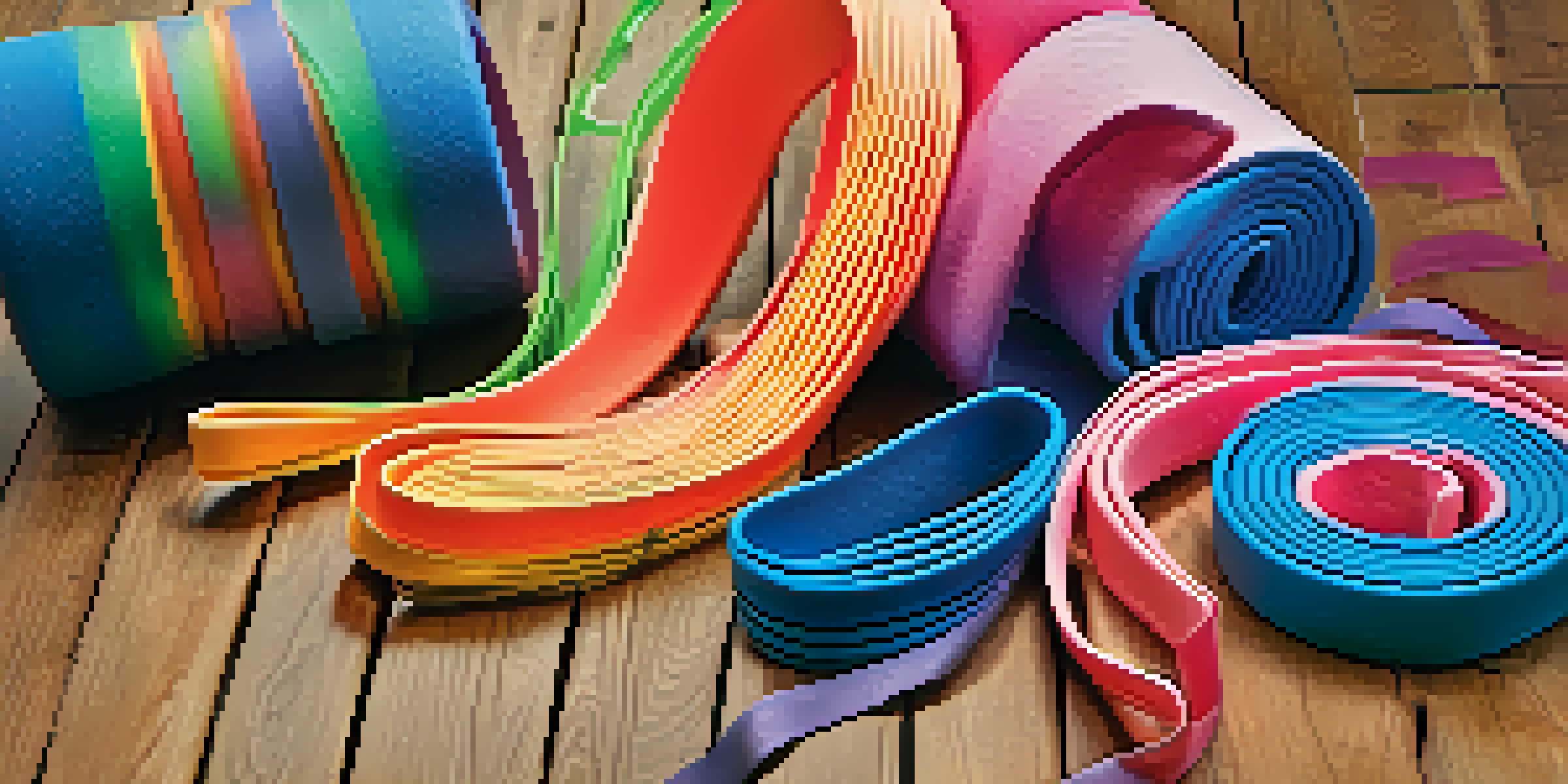 A close-up of a foam roller and colorful resistance bands on a wooden floor.