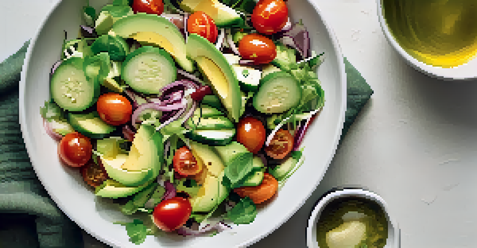 A vibrant salad with cherry tomatoes, cucumbers, and avocado, topped with olive oil on a textured cloth.