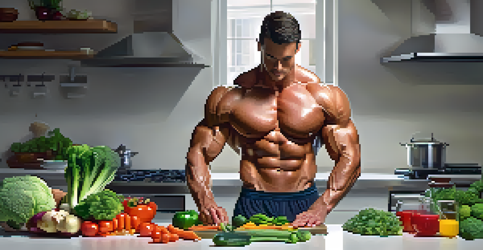 Close-up of a bodybuilder preparing a healthy meal with fresh ingredients in a well-lit kitchen.
