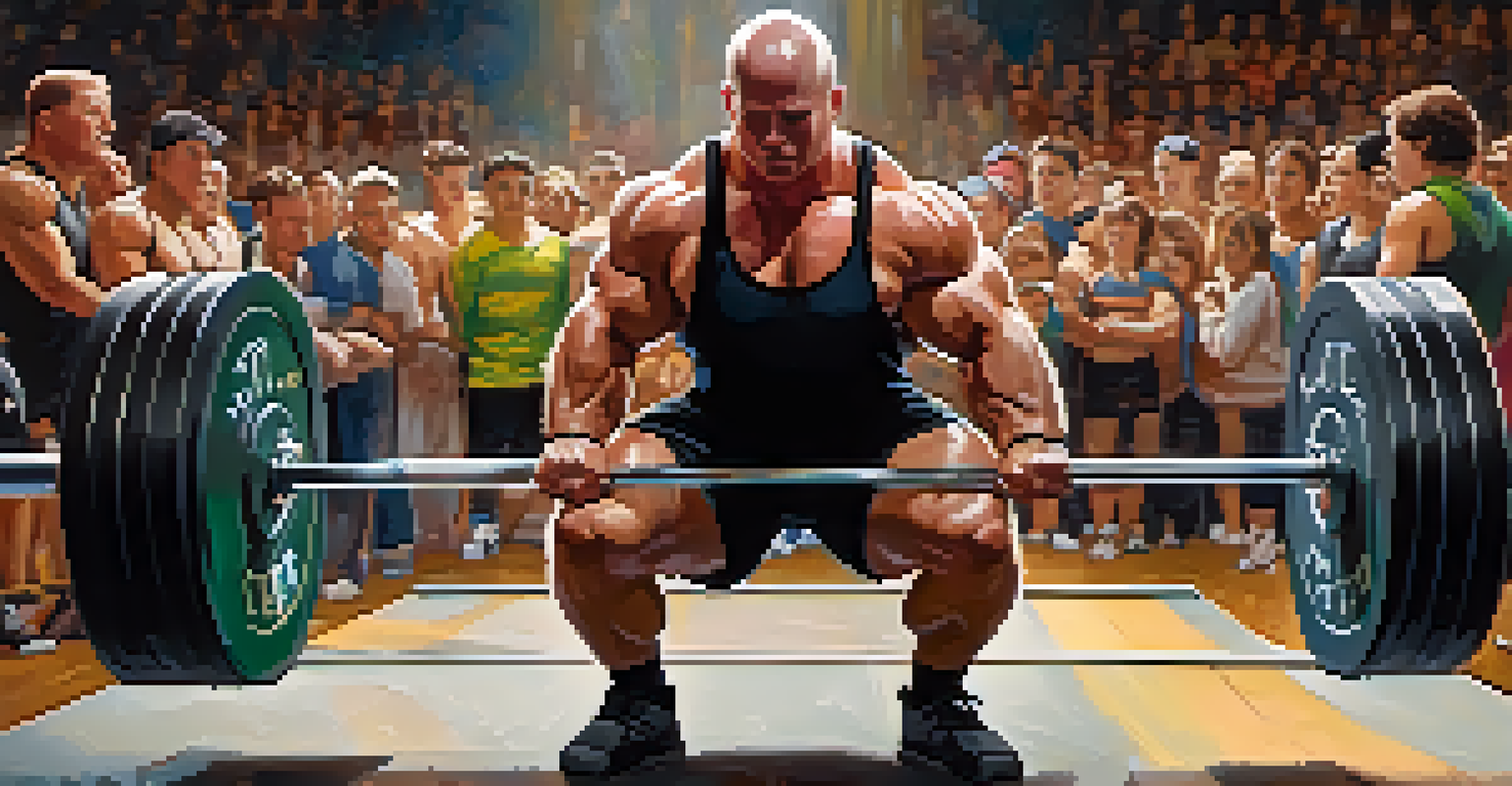 A powerlifter preparing to lift a heavy barbell on stage, surrounded by spectators and judges.