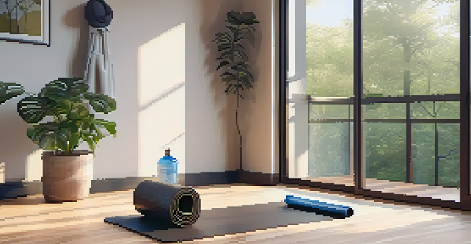 A calm home gym featuring a yoga mat, foam roller, water bottle, and a potted plant, illuminated by soft morning light.