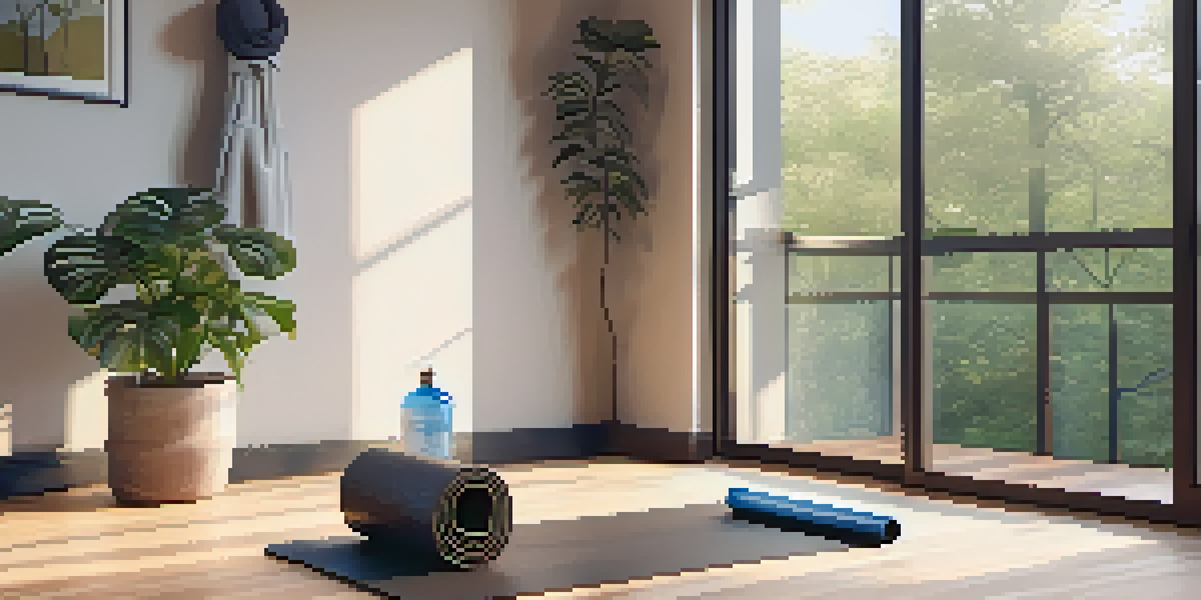 A calm home gym featuring a yoga mat, foam roller, water bottle, and a potted plant, illuminated by soft morning light.