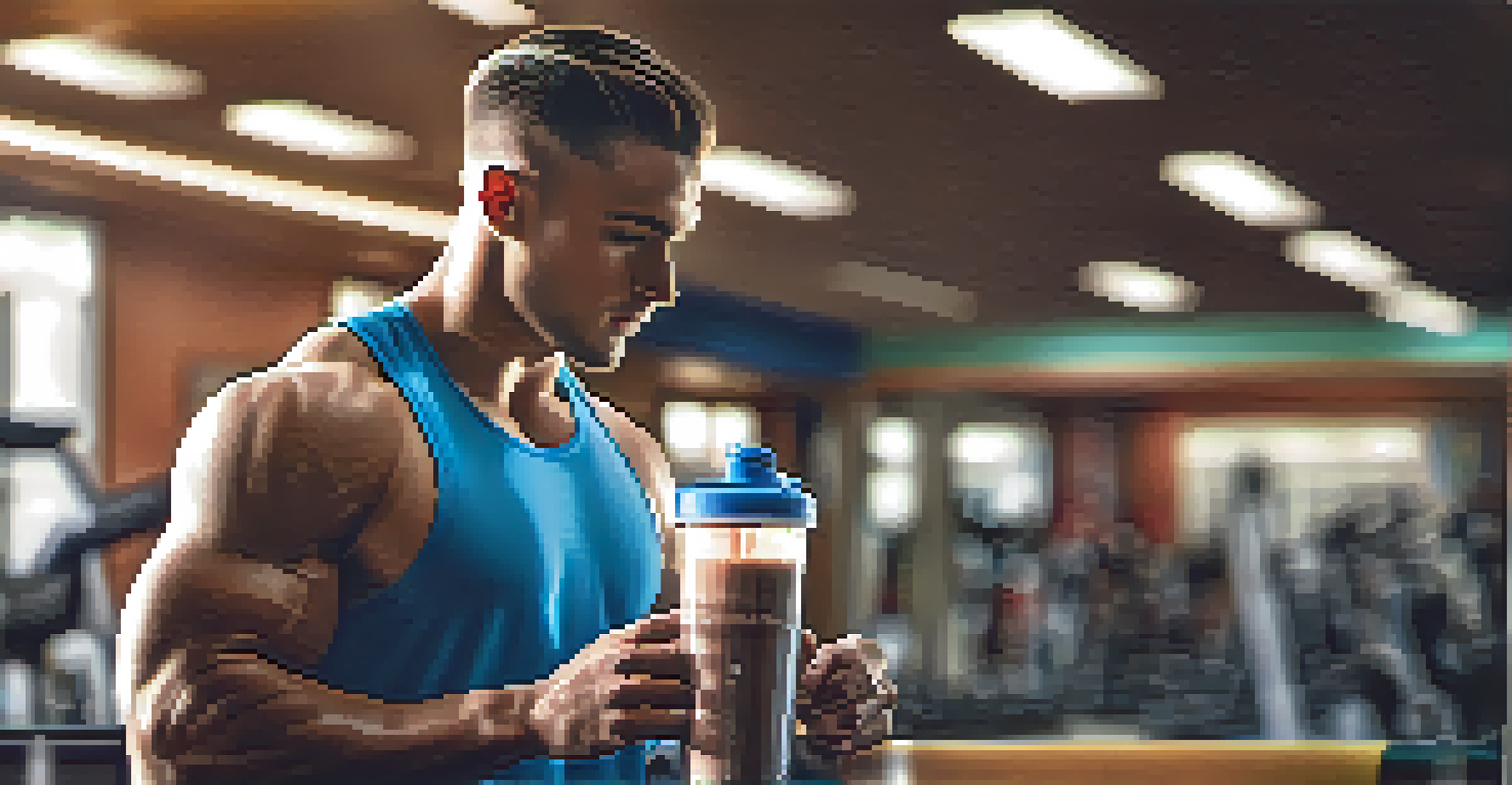 An athlete making a protein shake in a hotel gym after a workout.
