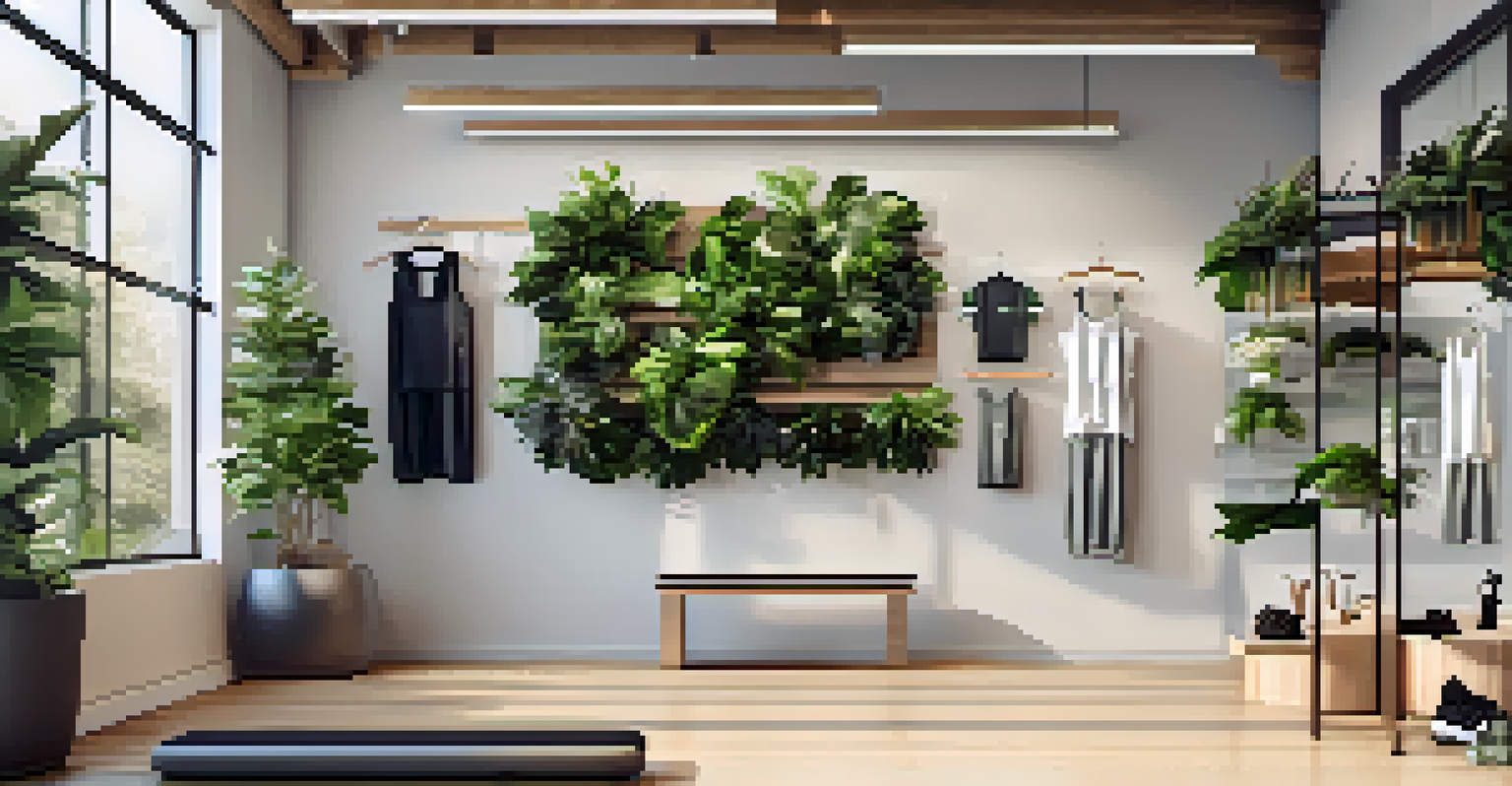 A display of eco-friendly workout gear made from organic cotton and recycled materials in a well-lit gym with greenery.