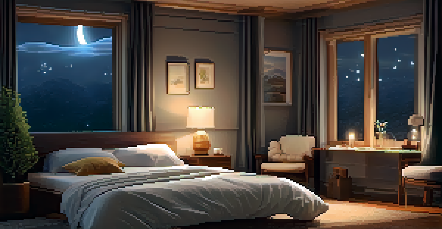 A peaceful bedroom at night with a person sleeping in a cozy bed, warm lighting, and a view of a starry sky through the window.